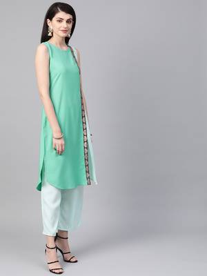 Women's green Solid Straight Crepe Kurta With Palazzo 3