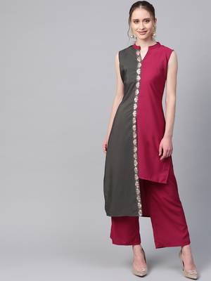 Women's pink Solid Straight Crepe Kurta With Palazzo 1
