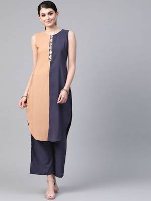 Women's blue Solid Straight Crepe Kurta With Palazzo 1