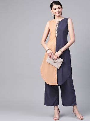 Women's blue Solid Straight Crepe Kurta With Palazzo 3