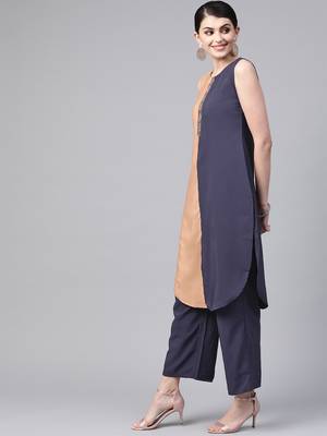 Women's blue Solid Straight Crepe Kurta With Palazzo 4