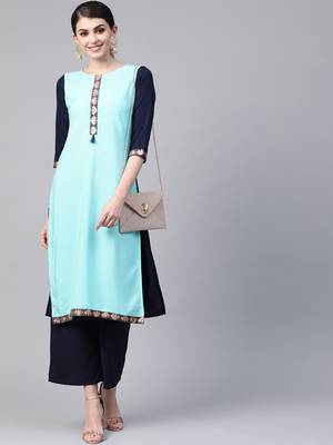 Women's blue Solid Straight Crepe Kurta 4