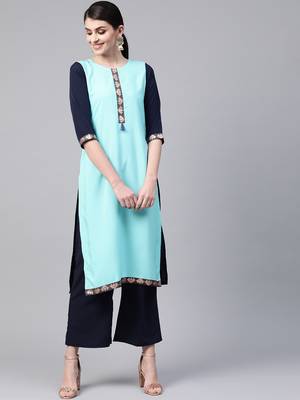 Women's blue Solid Straight Crepe Kurta With Palazzo 1