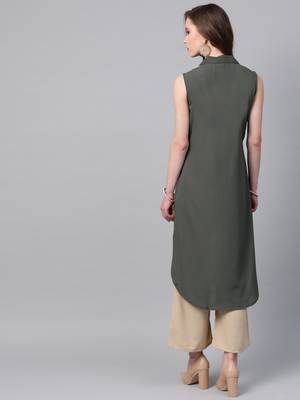 Women's grey Solid Straight Crepe Kurta 2