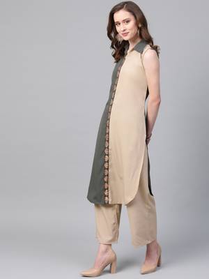 Women's grey Solid Straight Crepe Kurta 4