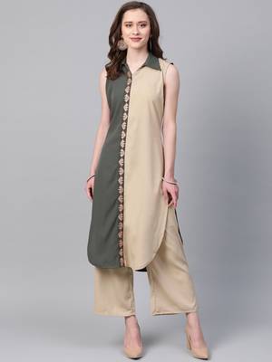 Women's grey Solid Straight Crepe Kurta With Palazzo 1