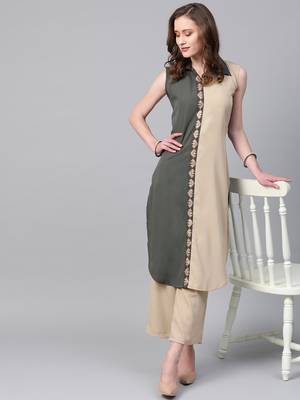 Women's grey Solid Straight Crepe Kurta With Palazzo 3