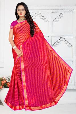 Pink printed chiffon saree with blouse 1