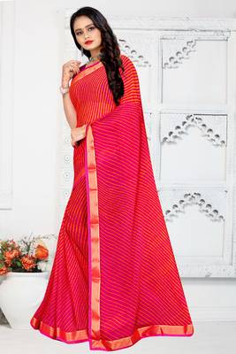 Pink printed chiffon saree with blouse 2