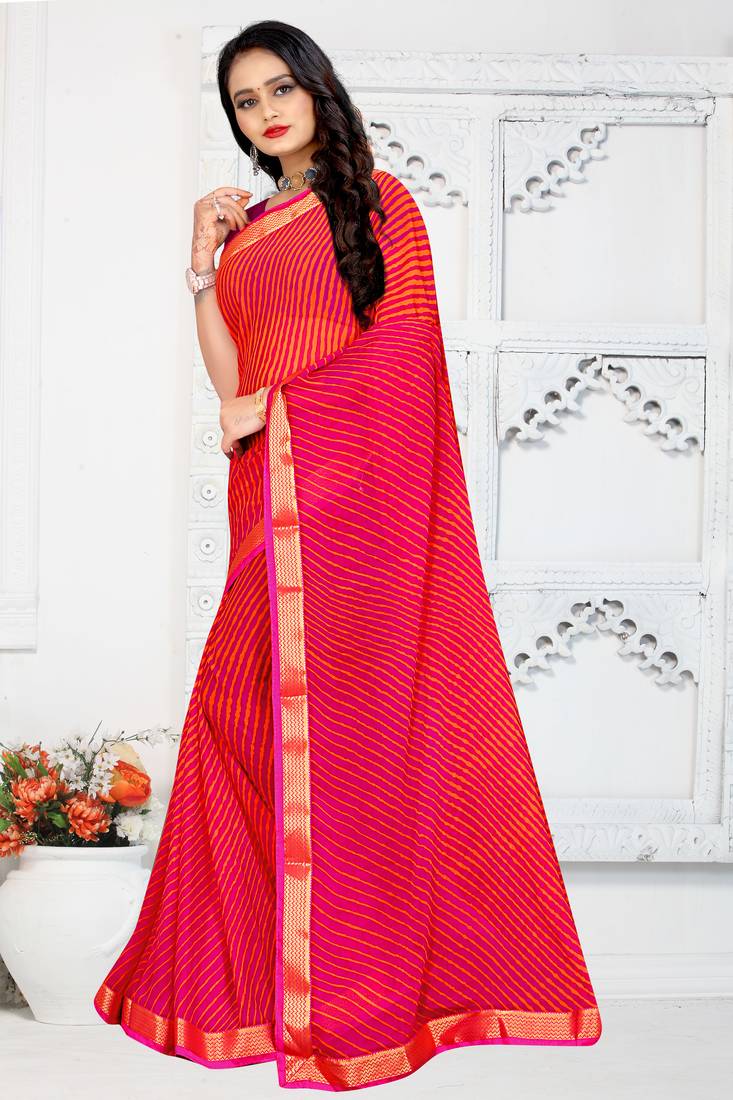 Pink printed chiffon saree with blouse