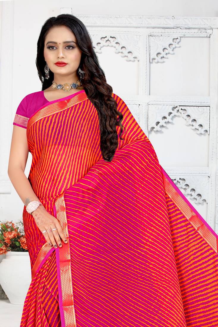 Pink printed chiffon saree with blouse
