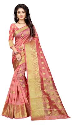 Peach woven cotton silk saree with blouse 1