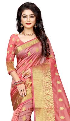 Peach woven cotton silk saree with blouse 2