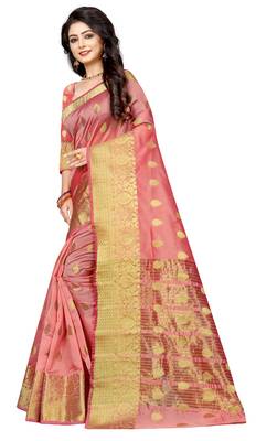 Peach woven cotton silk saree with blouse 3