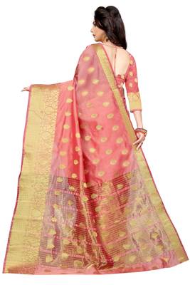Peach woven cotton silk saree with blouse 4