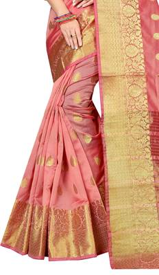 Peach woven cotton silk saree with blouse 5