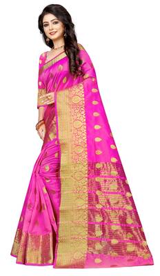 Dark pink woven cotton silk saree with blouse 2