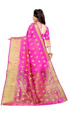 Dark pink woven cotton silk saree with blouse 3