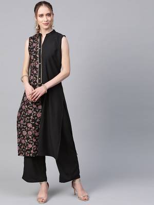 Women's black Khadi Print Straight Crepe Kurta With Palazzo 1