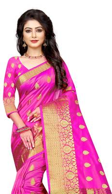 Dark pink woven cotton silk saree with blouse 5