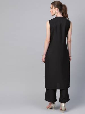 Women's black Khadi Print Straight Crepe Kurta With Palazzo 2