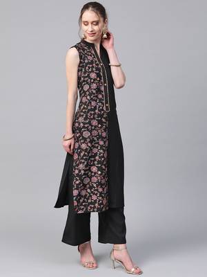 Women's black Khadi Print Straight Crepe Kurta With Palazzo 3