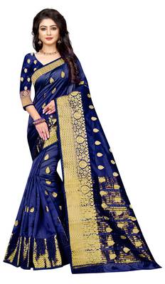 Dark blue woven cotton silk saree with blouse 1