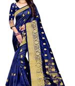Dark blue woven cotton silk saree with blouse