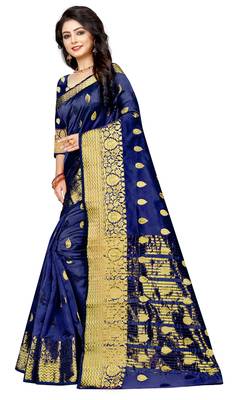 Dark blue woven cotton silk saree with blouse 2