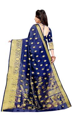 Dark blue woven cotton silk saree with blouse 3