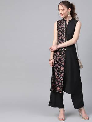 Women's black Khadi Print Straight Crepe Kurta With Palazzo 4