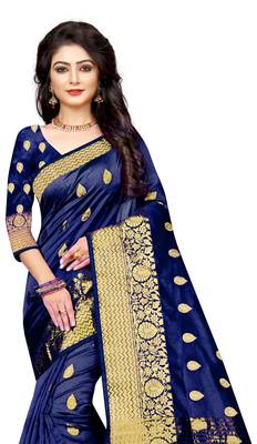 Dark blue woven cotton silk saree with blouse 5