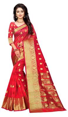 Red woven cotton silk saree with blouse 1