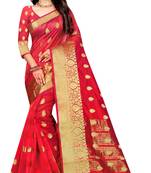 Red woven cotton silk saree with blouse