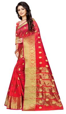 Red woven cotton silk saree with blouse 2