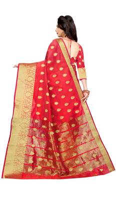 Red woven cotton silk saree with blouse 3