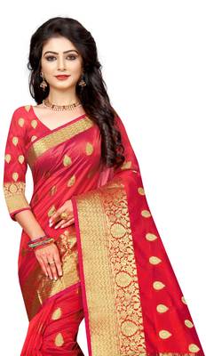 Red woven cotton silk saree with blouse 5