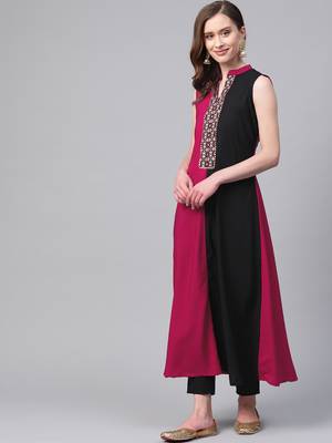 Women's pink Solid Straight Crepe Kurta With Pant 4
