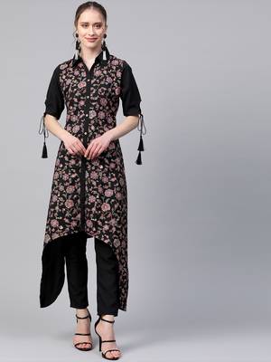 Women's black Khadi Print Straight Crepe Kurta With Palazzo 1