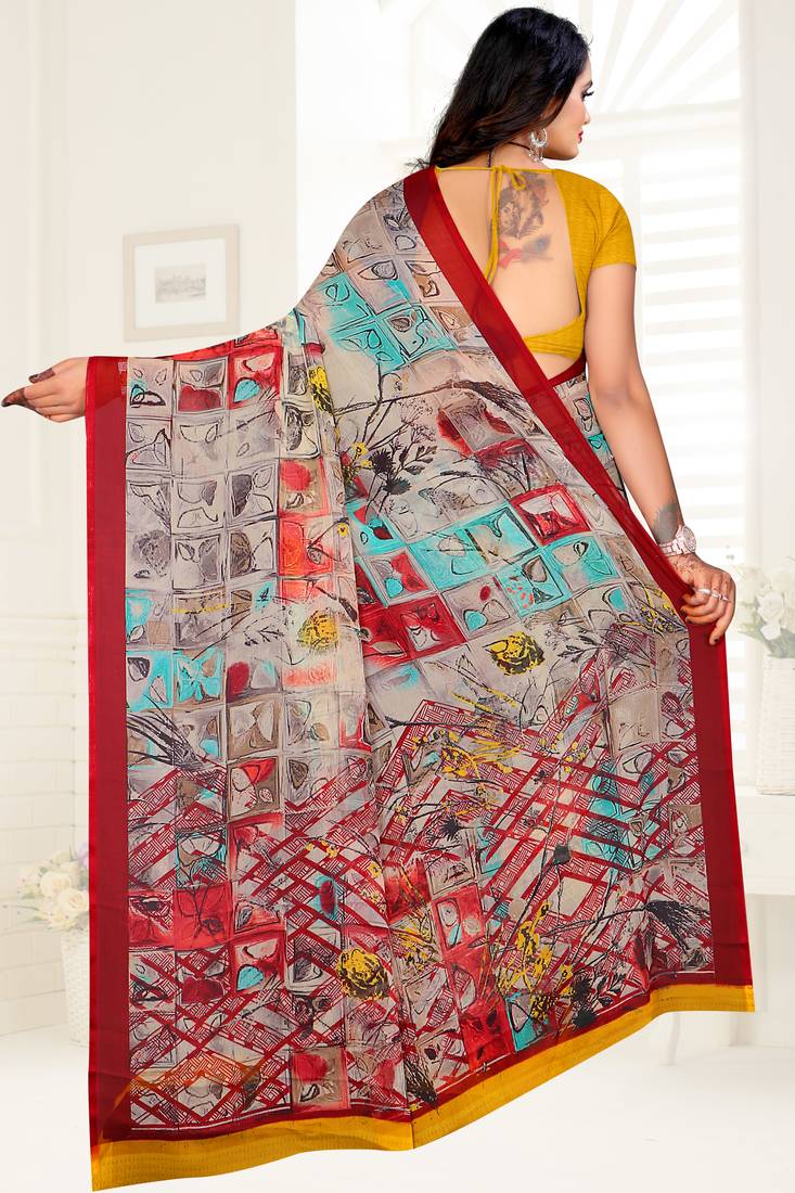 multicolor printed chiffon saree with blouse