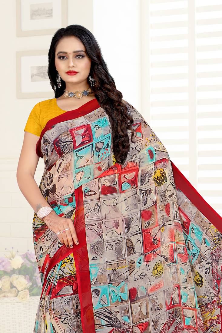 multicolor printed chiffon saree with blouse