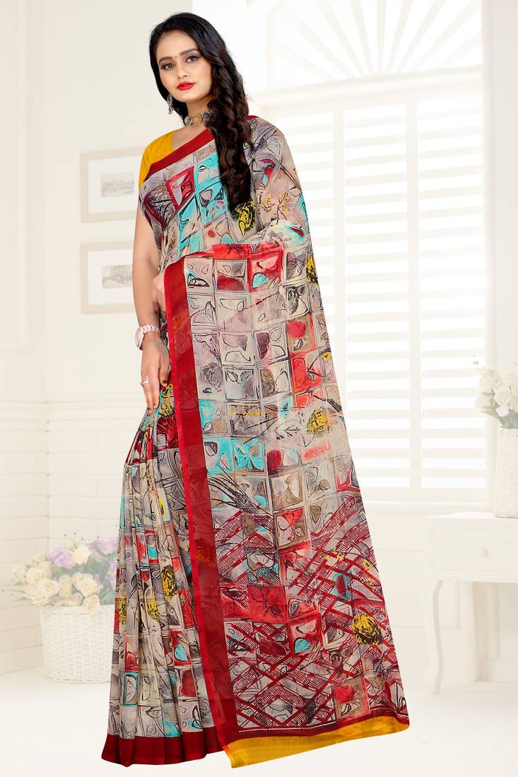 multicolor printed chiffon saree with blouse