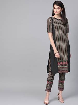 Women's black Khadi Print Straight Crepe Kurta With Pant 1