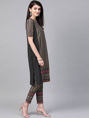 Women's black Khadi Print Straight Crepe Kurta With Pant 4