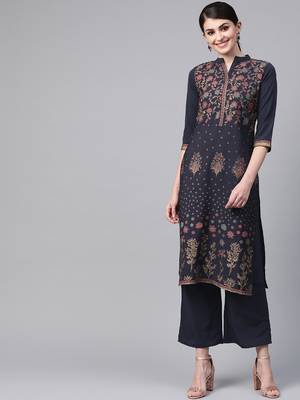 Women's blue foil Print Straight Crepe Kurta 1