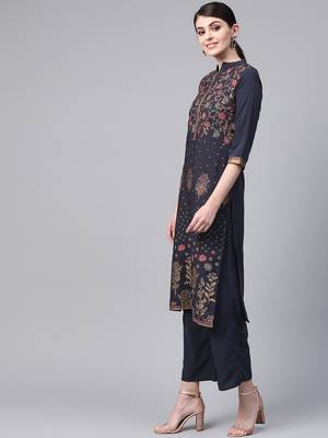 Women's blue foil Print Straight Crepe Kurta 4