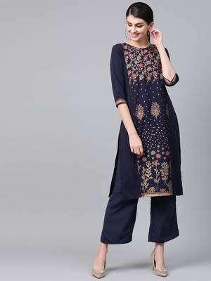 Women's blue foil Print Straight Crepe Kurta 1