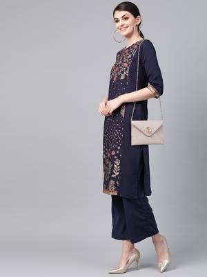 Women's blue foil Print Straight Crepe Kurta 3