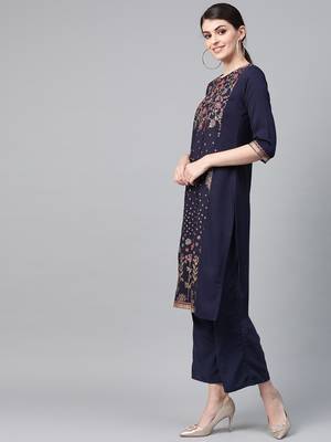 Women's blue foil Print Straight Crepe Kurta 4