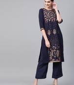 Women's blue Foil Print Straight Crepe Kurta With Palazzo